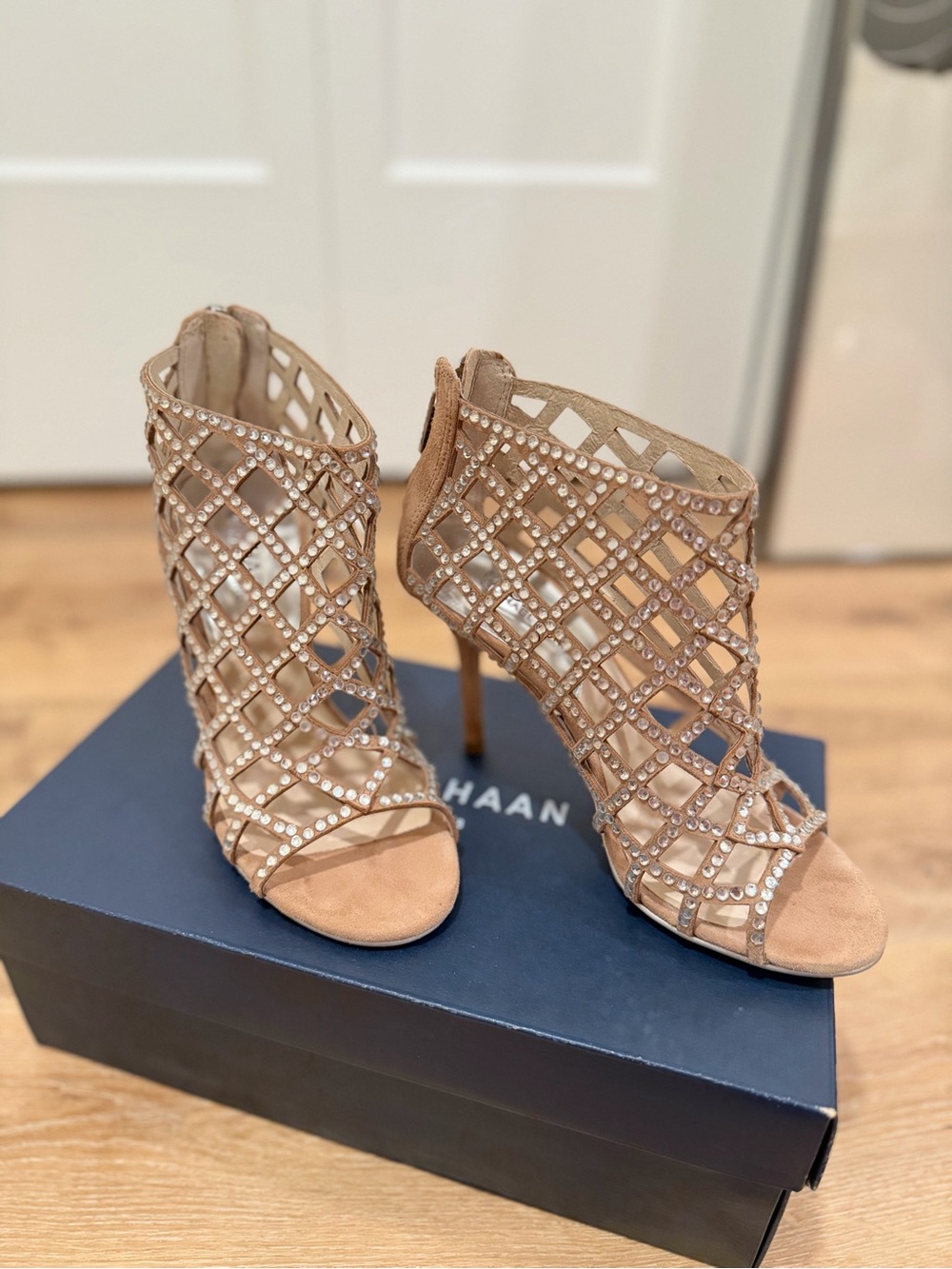 MICHAEL Michael Kors Nude/Brown Suede Rhinestone Cage Stiletto Sandals